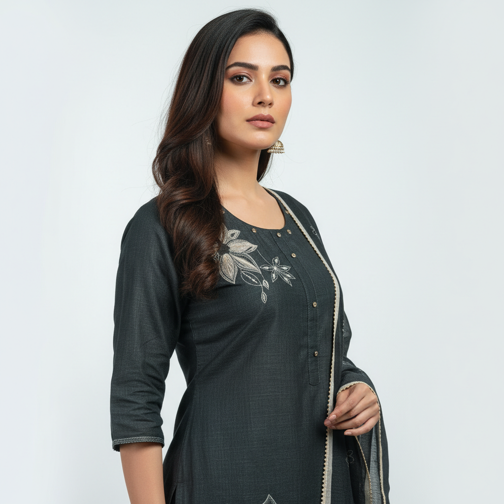 FLORAL LINEN LEATHER EMBROIDERED - BLACK