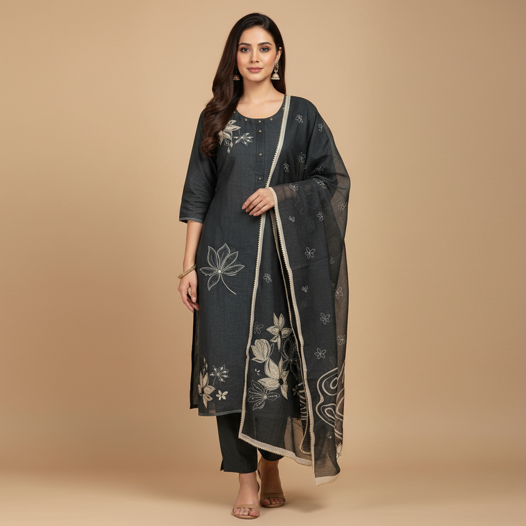 FLORAL LINEN LEATHER EMBROIDERED - BLACK