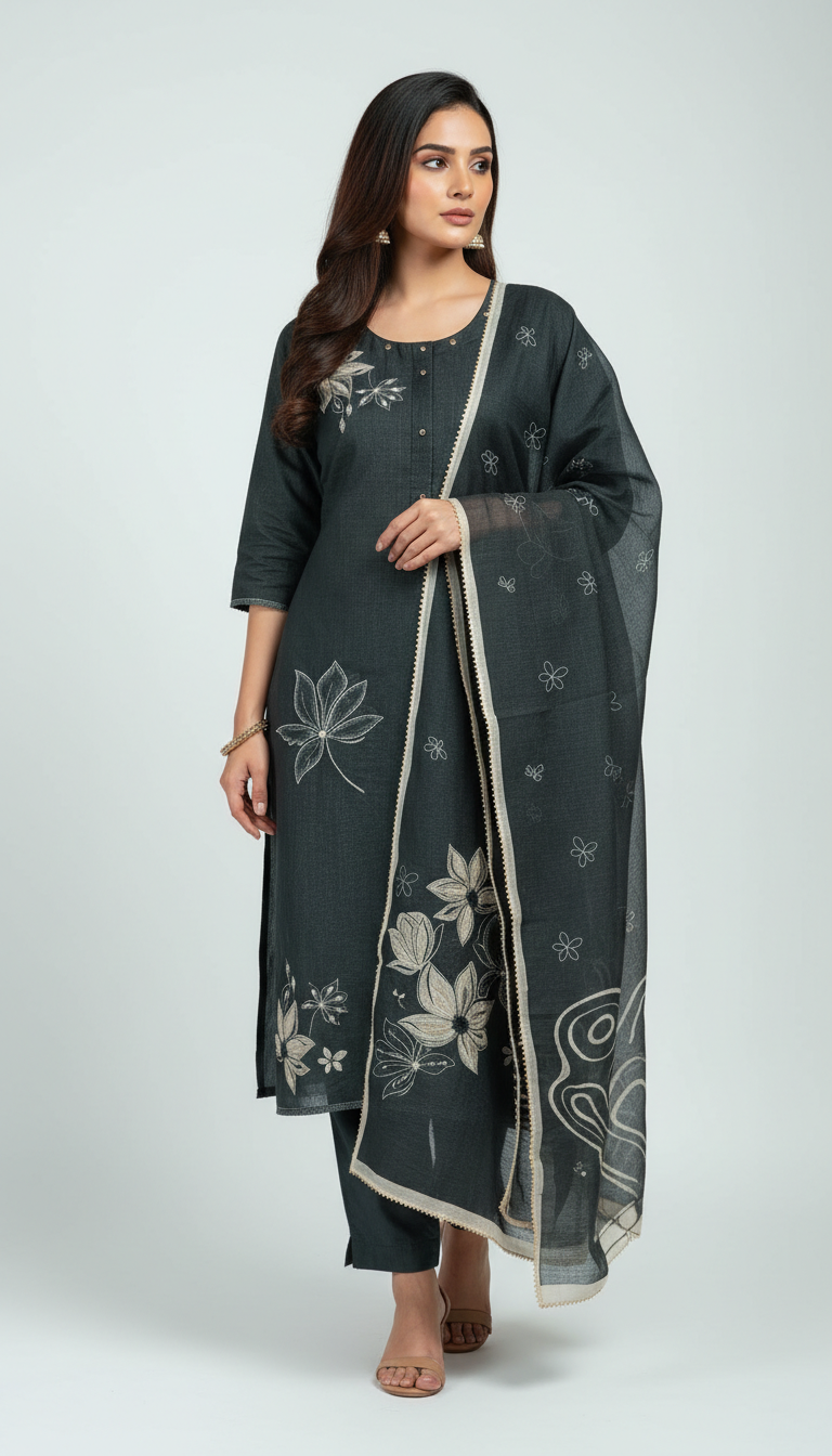 FLORAL LINEN LEATHER EMBROIDERED - BLACK