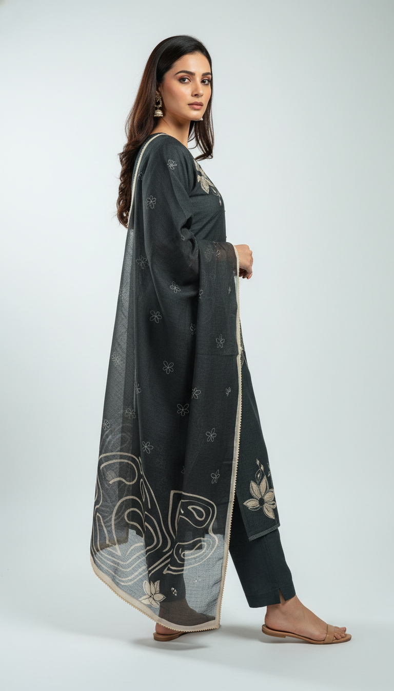 FLORAL LINEN LEATHER EMBROIDERED - BLACK