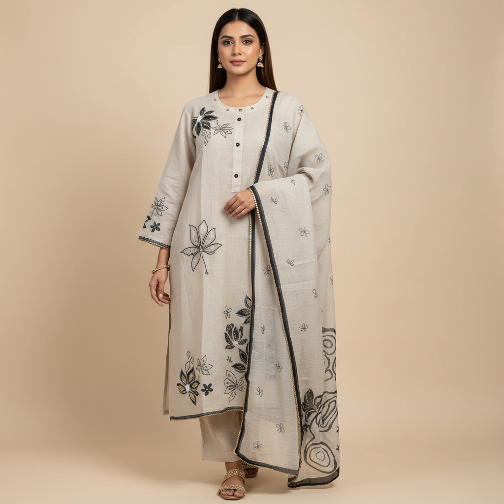 FLORAL LINEN LEATHER EMBROIDERED - BEIGE