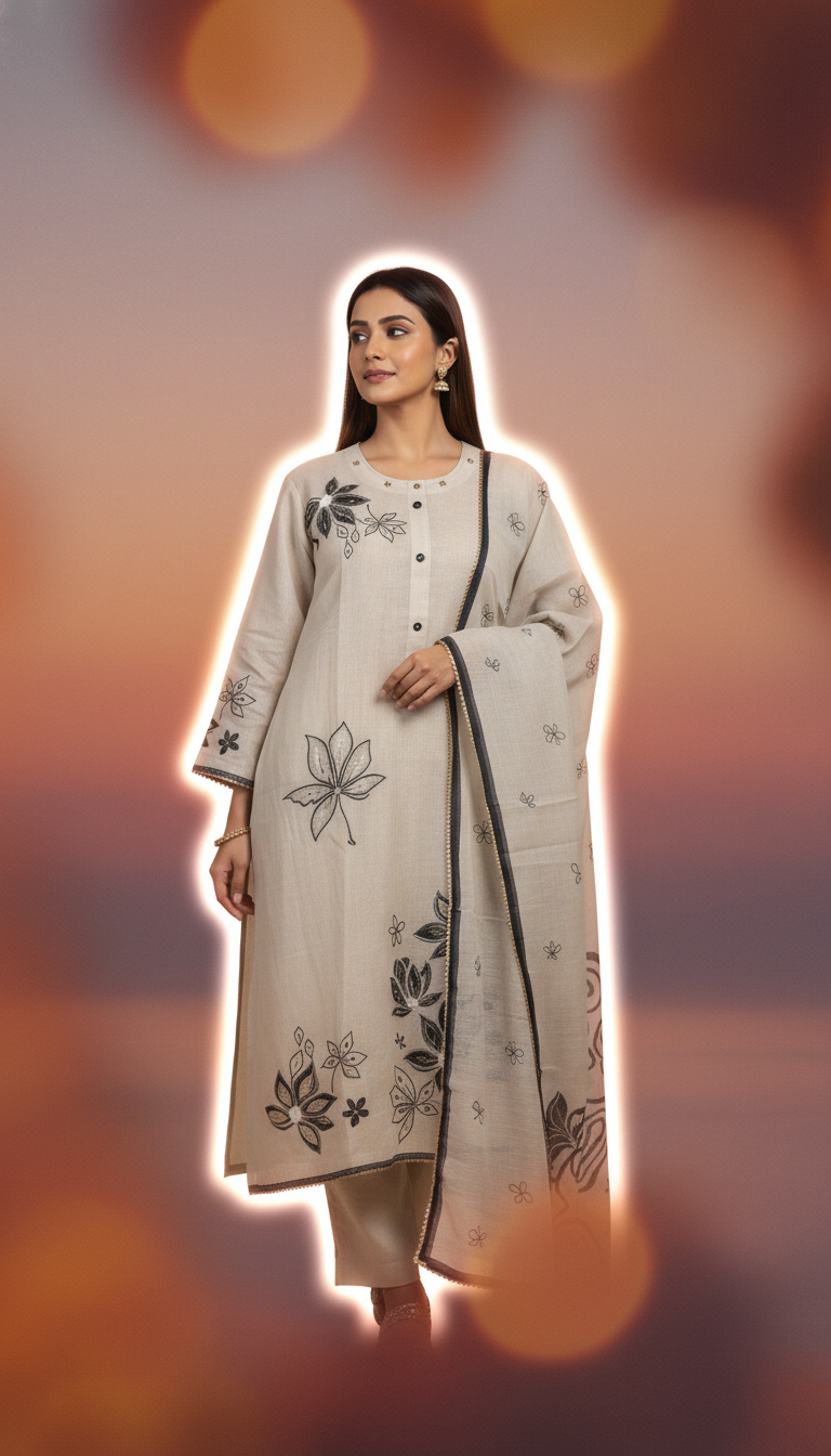 FLORAL LINEN LEATHER EMBROIDERED - BEIGE