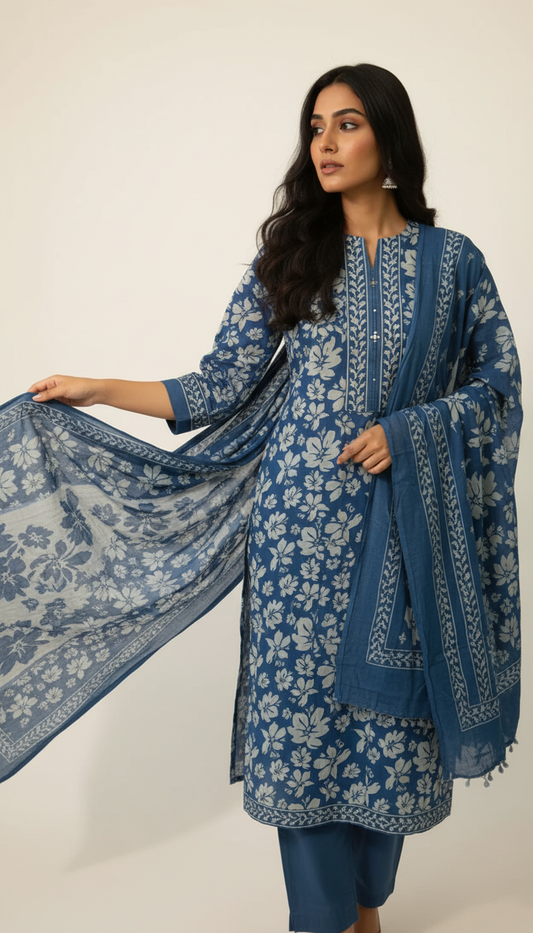 BLUE AOP EASE SUIT WITH MATCHING DUPATTA WITH ADDED POM