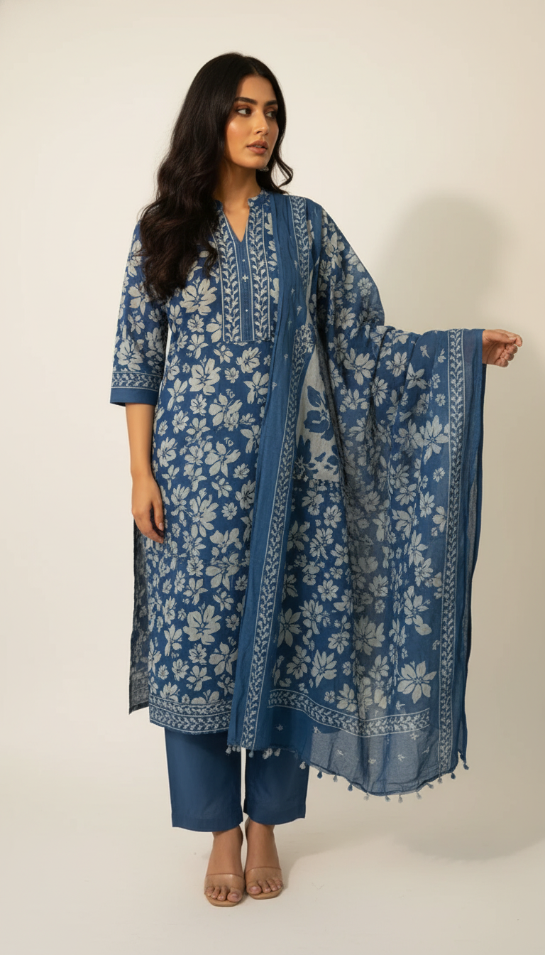 BLUE AOP EASE SUIT WITH MATCHING DUPATTA WITH ADDED POM