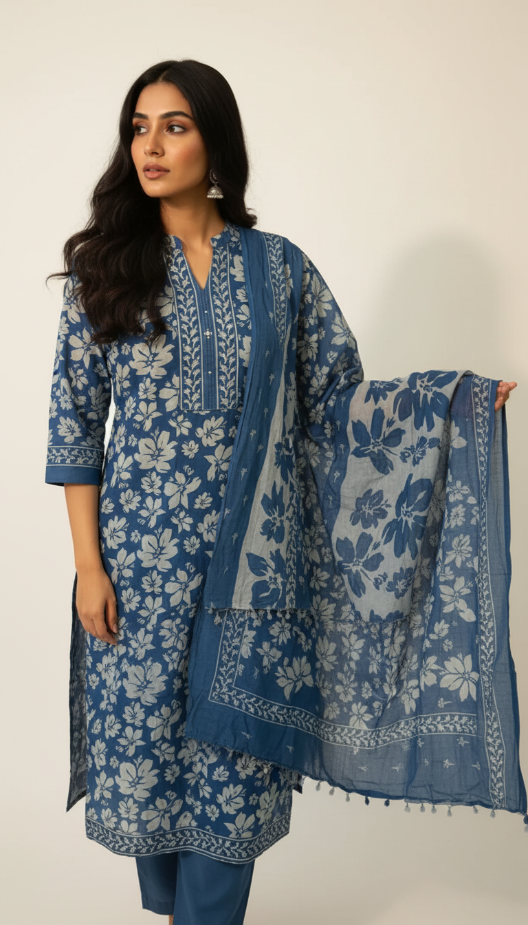 BLUE AOP EASE SUIT WITH MATCHING DUPATTA WITH ADDED POM