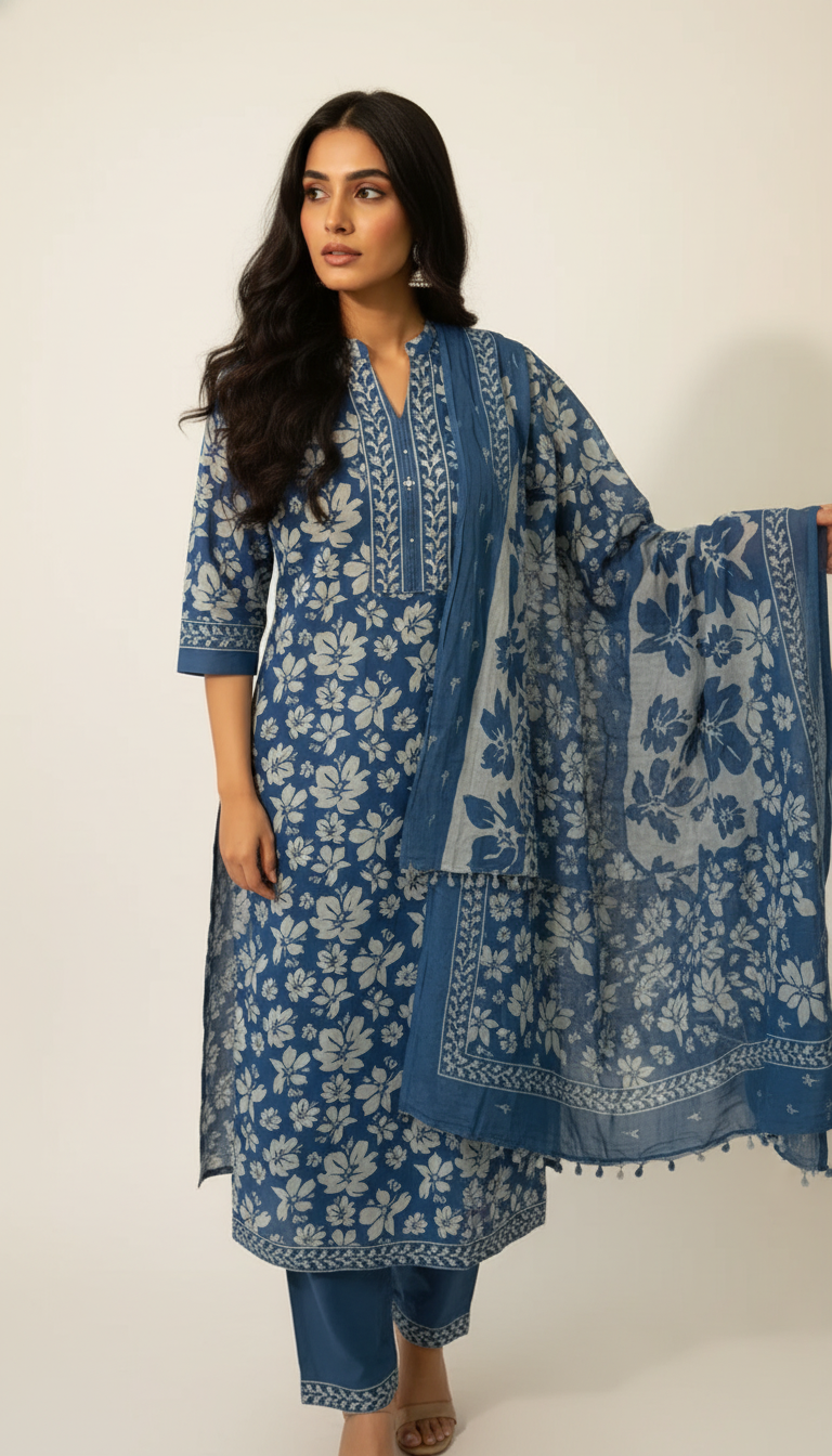 BLUE AOP EASE SUIT WITH MATCHING DUPATTA WITH ADDED POM