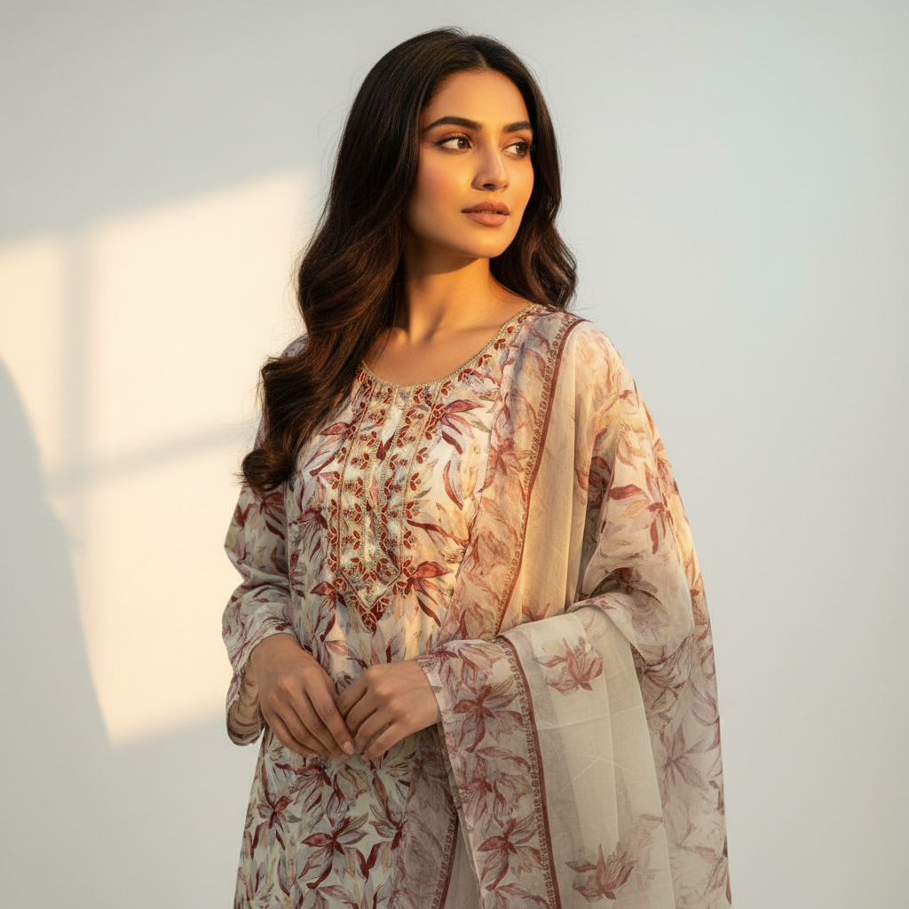 GOL GALA AOP PRINTED WITH NECK DETAILING - RUST