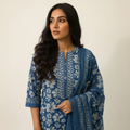 BLUE AOP EASE SUIT WITH MATCHING DUPATTA WITH ADDED POM