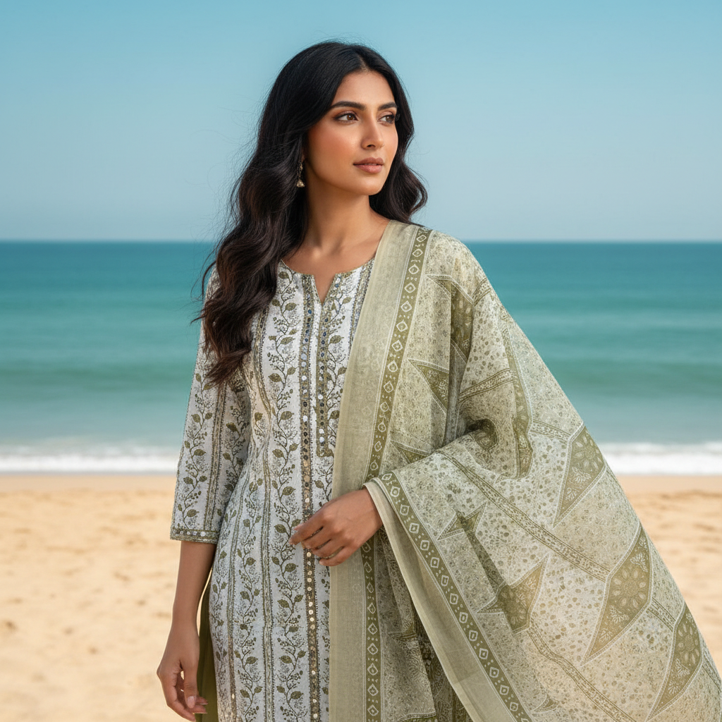 BEAUTIFUL AOP VERTICAL LEAVES - KHAKHI