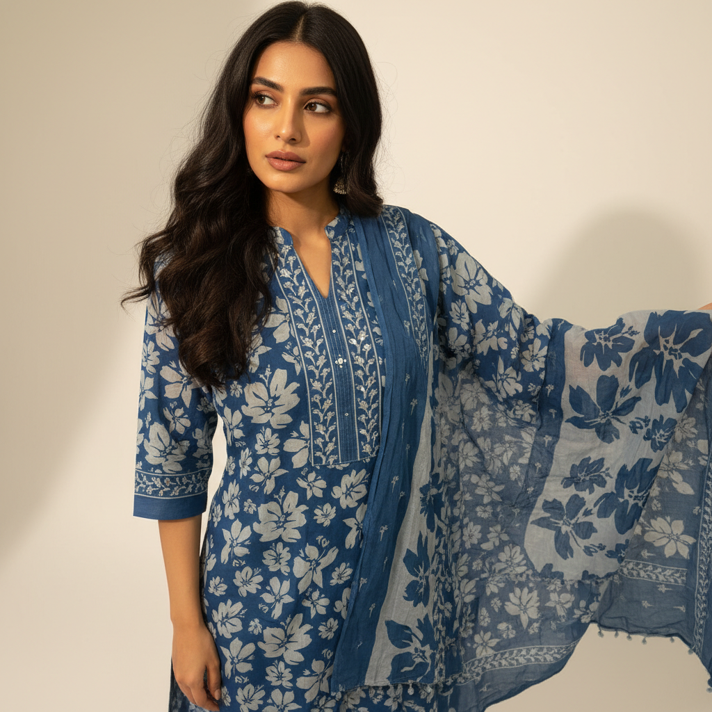 BLUE AOP EASE SUIT WITH MATCHING DUPATTA WITH ADDED POM