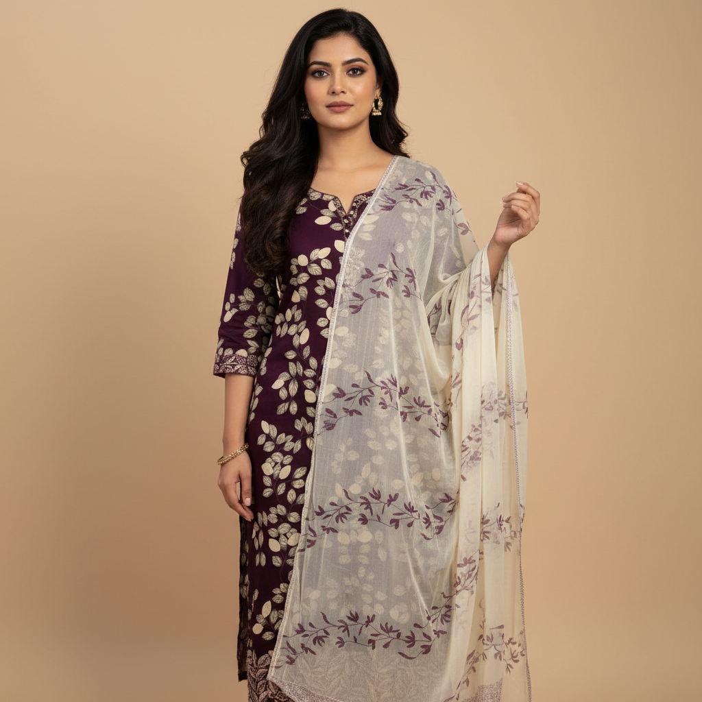 ALL OVER PRINTED LEAF SCALLOPED HEM - PURPLE