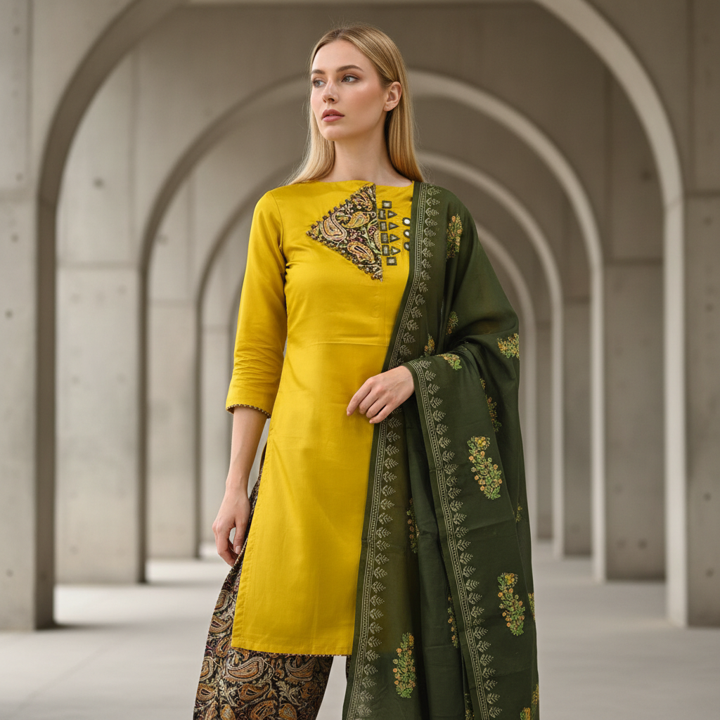 MIRROR TRIANGLE CUT PAISLEY PRINT - MUSTARD