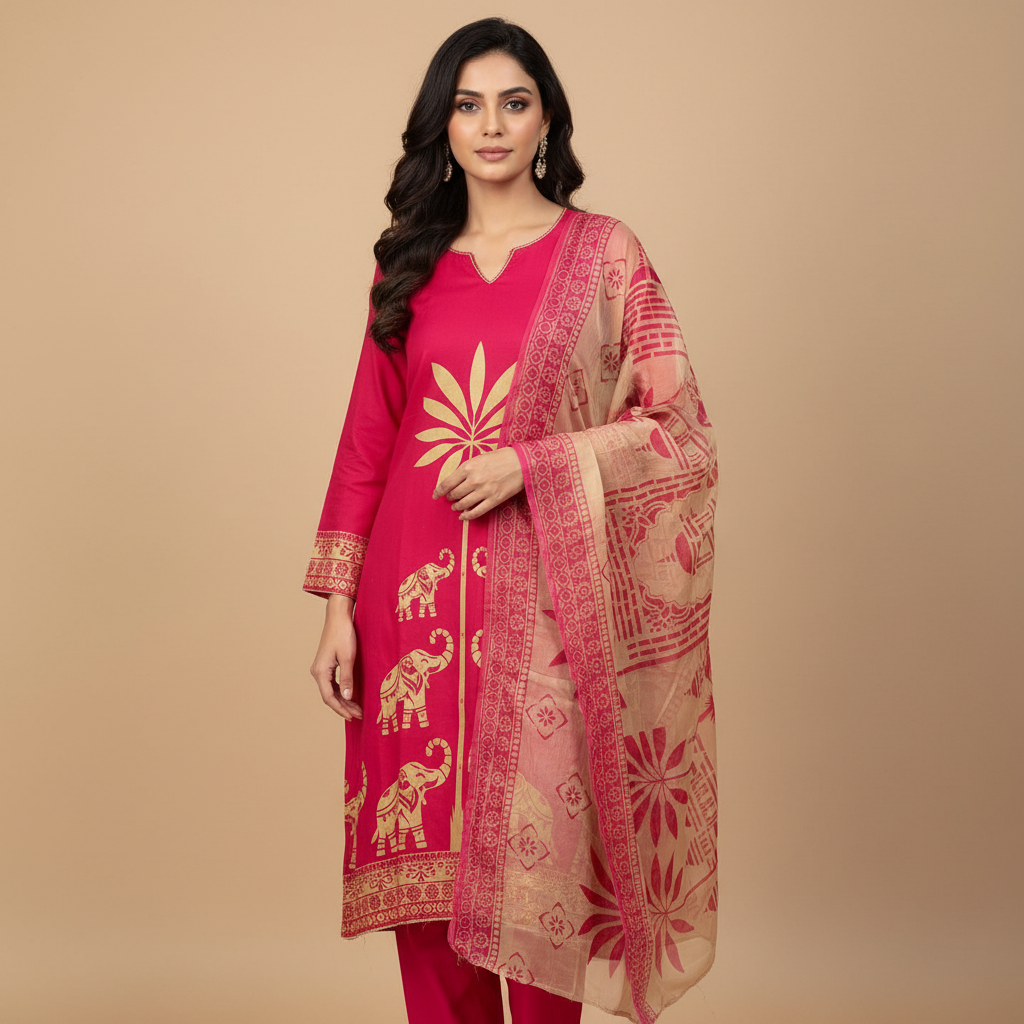 TRADITIONAL PRINT ON BORDER WITH MIRROR DETAILING - MAGENTA