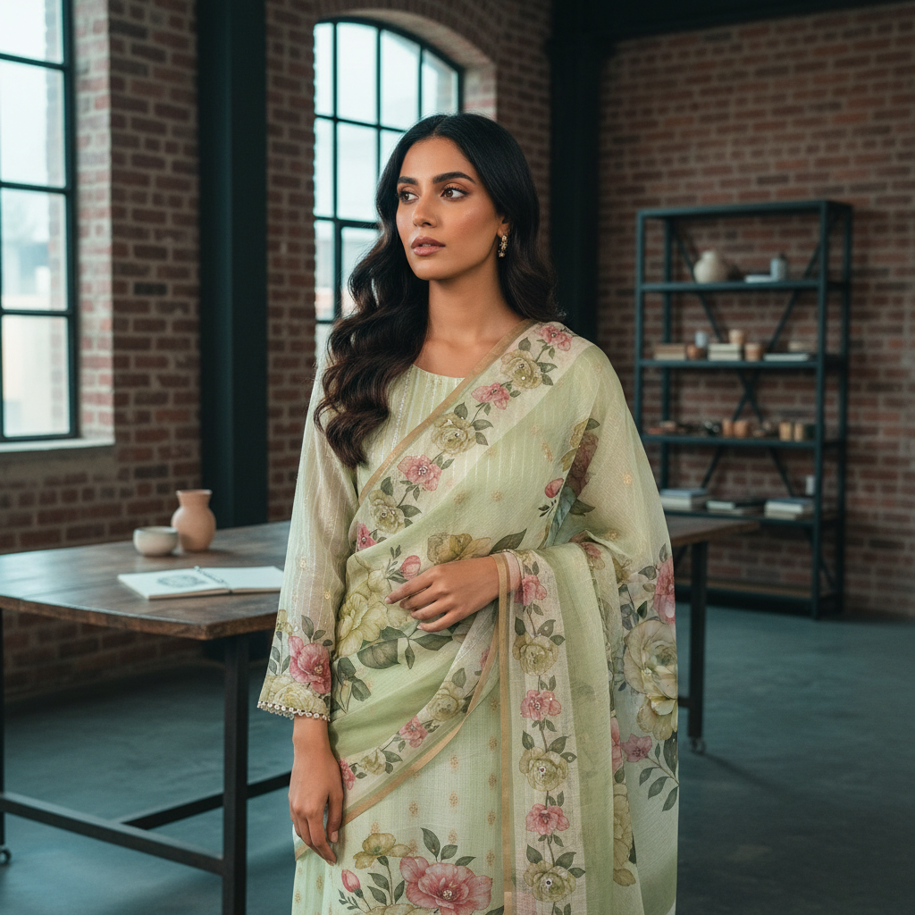 EMBELLISHED FLOWER PRINTED AOP - GREEN