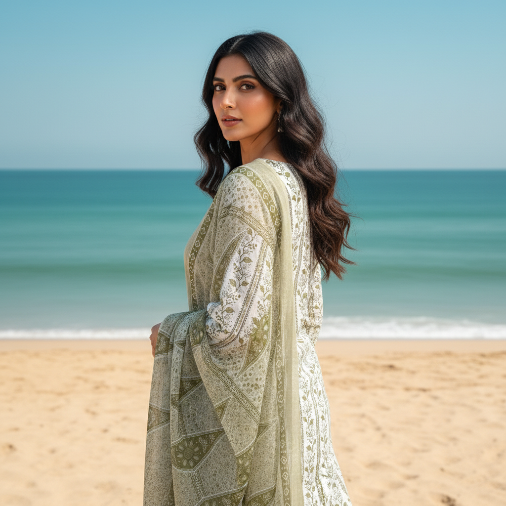 BEAUTIFUL AOP VERTICAL LEAVES - KHAKHI