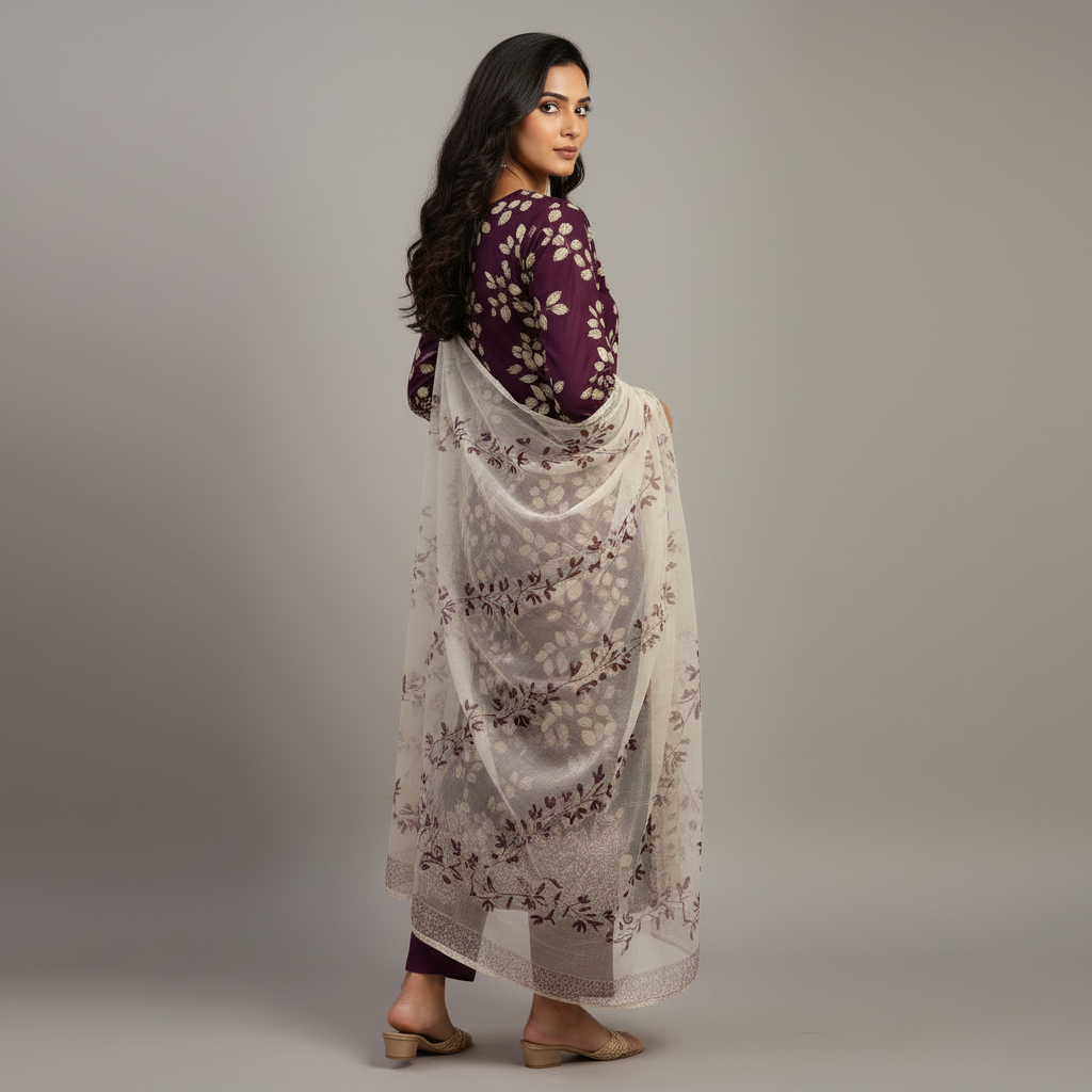 ALL OVER PRINTED LEAF SCALLOPED HEM - PURPLE