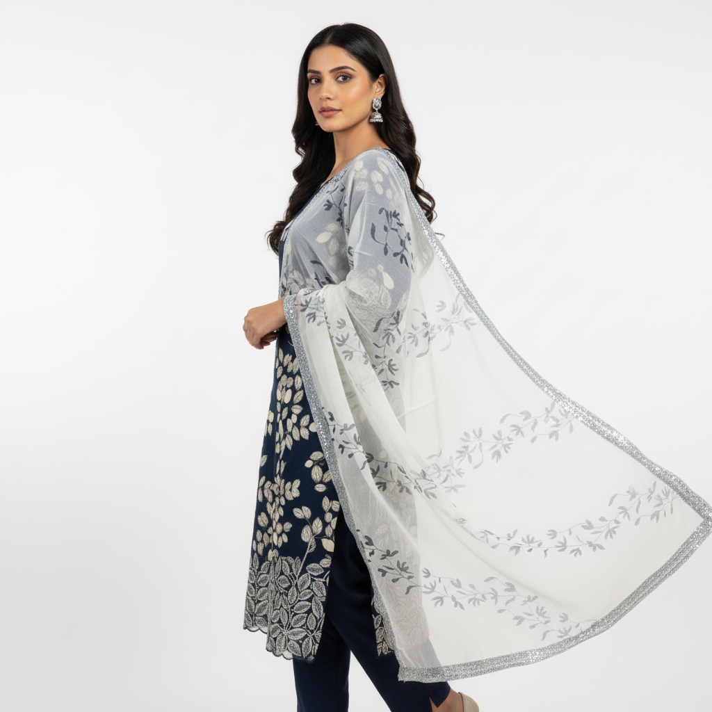 ALL OVER PRINTED LEAF SCALLOPED HEM - NAVY