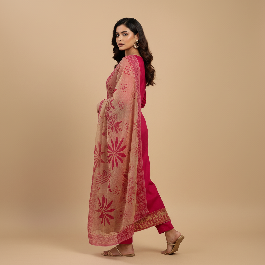TRADITIONAL PRINT ON BORDER WITH MIRROR DETAILING - MAGENTA