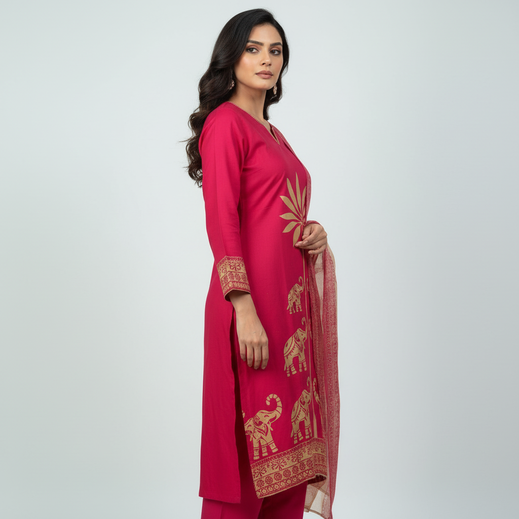 TRADITIONAL PRINT ON BORDER WITH MIRROR DETAILING - MAGENTA