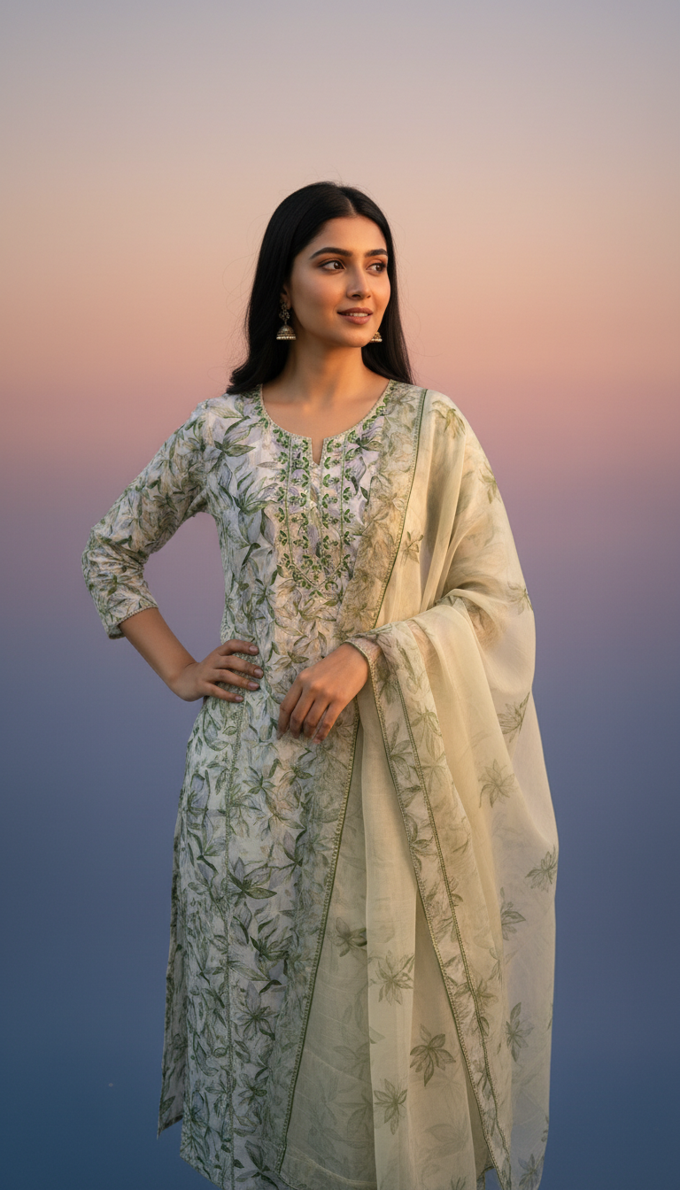 GOL GALA AOP PRINTED WITH NECK DETAILING - GREEN