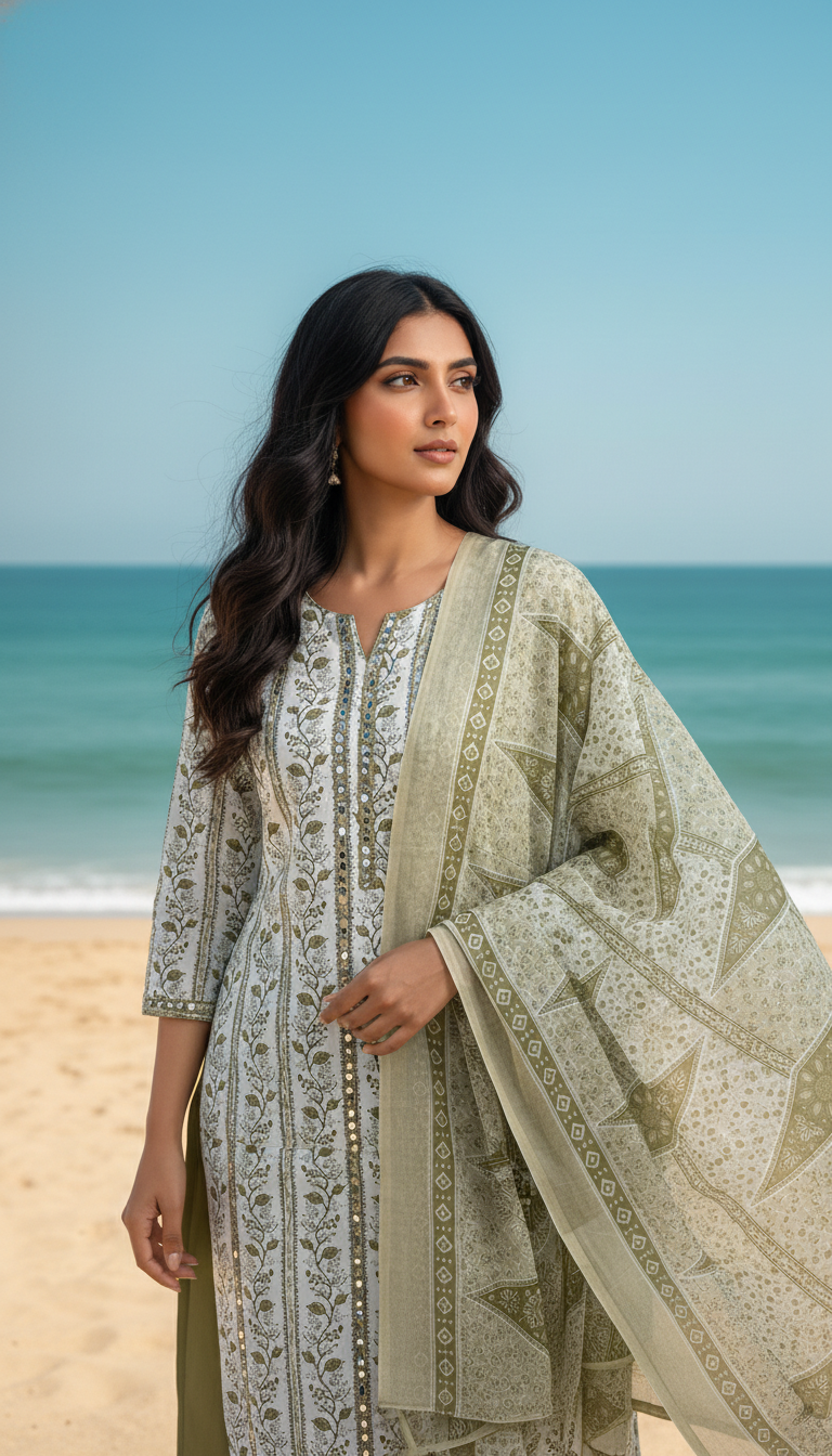 BEAUTIFUL AOP VERTICAL LEAVES - KHAKHI
