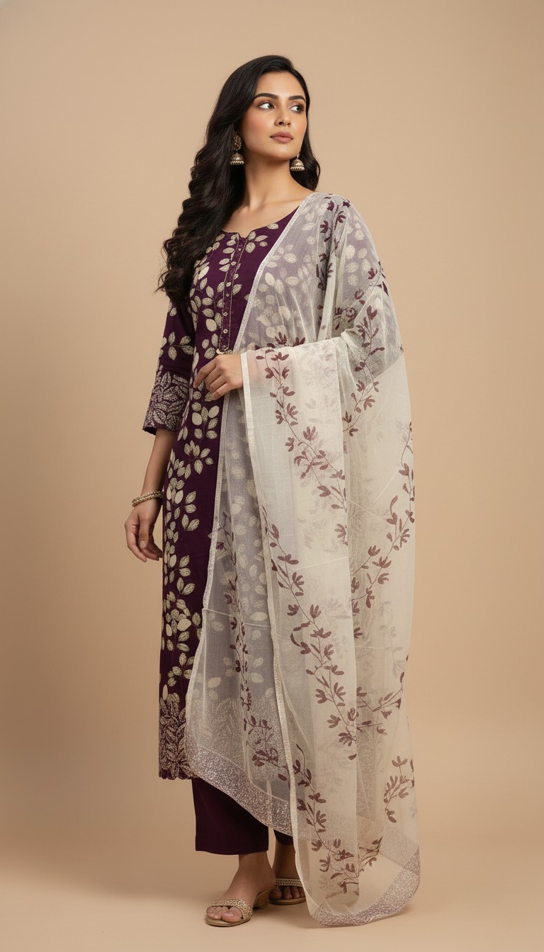 ALL OVER PRINTED LEAF SCALLOPED HEM - PURPLE
