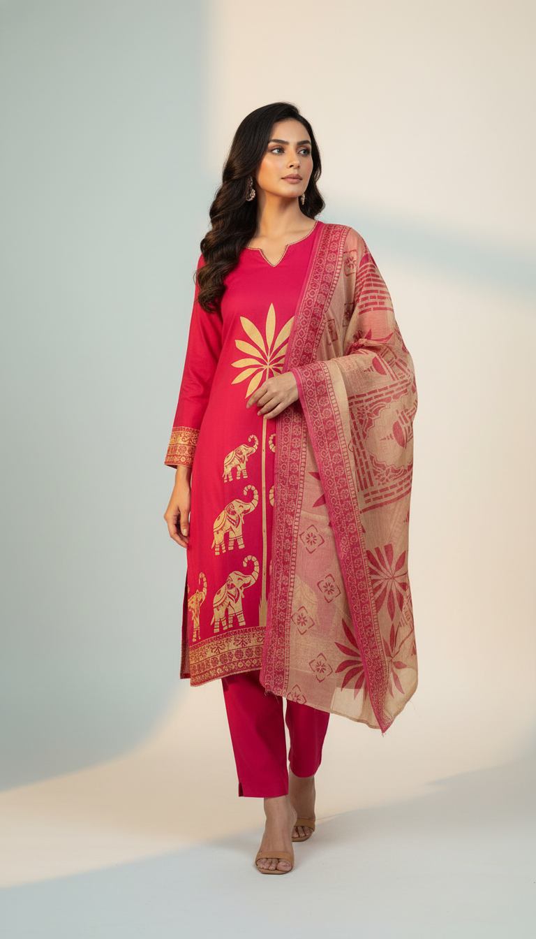 TRADITIONAL PRINT ON BORDER WITH MIRROR DETAILING - MAGENTA