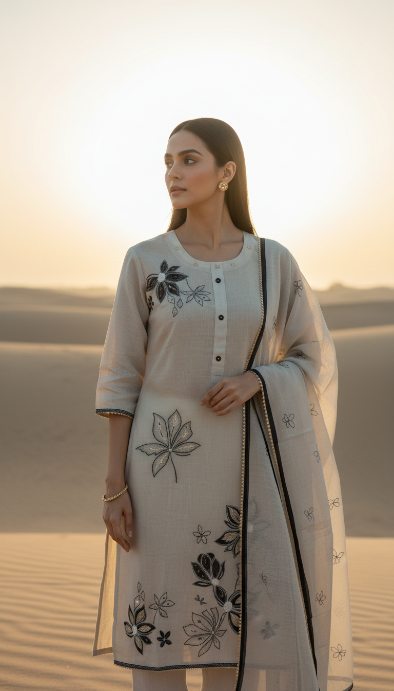 FLORAL LINEN LEATHER EMBROIDERED - BEIGE