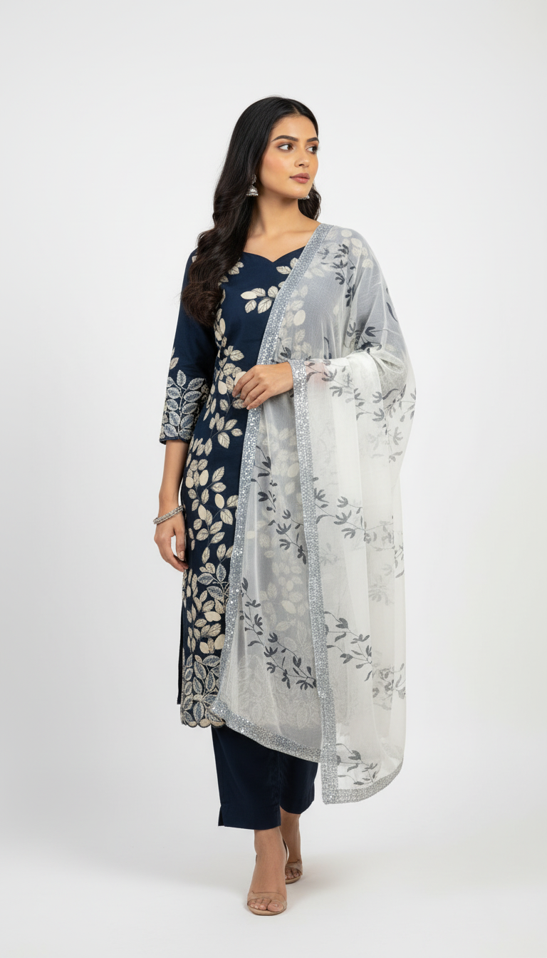ALL OVER PRINTED LEAF SCALLOPED HEM - NAVY