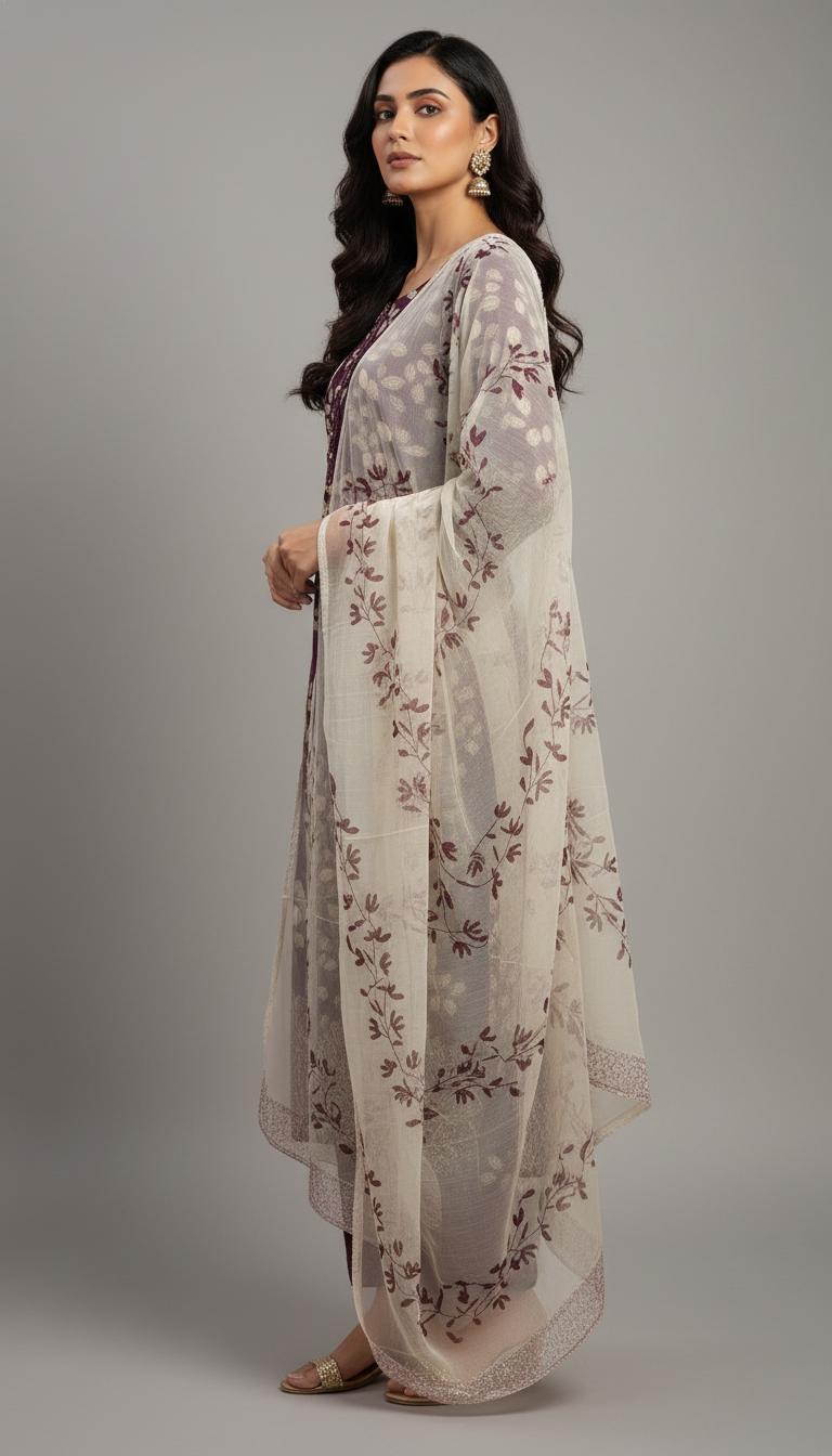 ALL OVER PRINTED LEAF SCALLOPED HEM - PURPLE