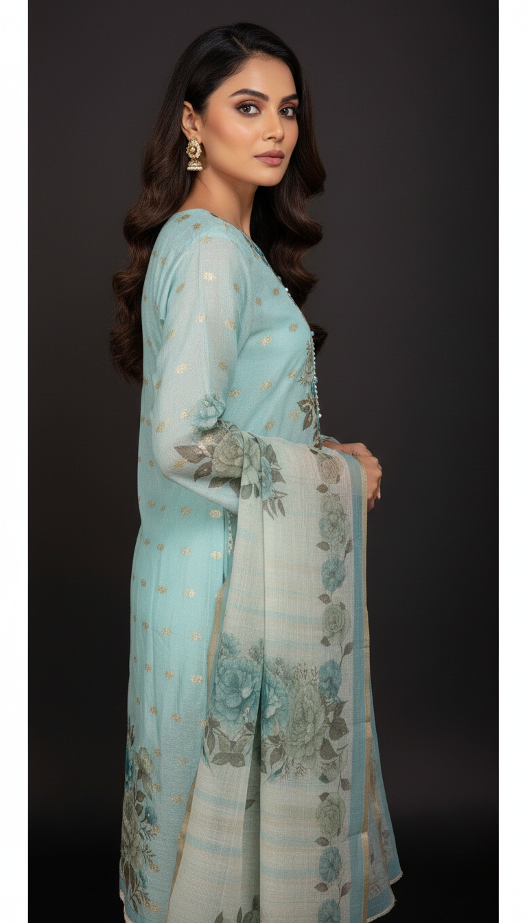 EMBELLISHED FLOWER PRINTED AOP - BLUE