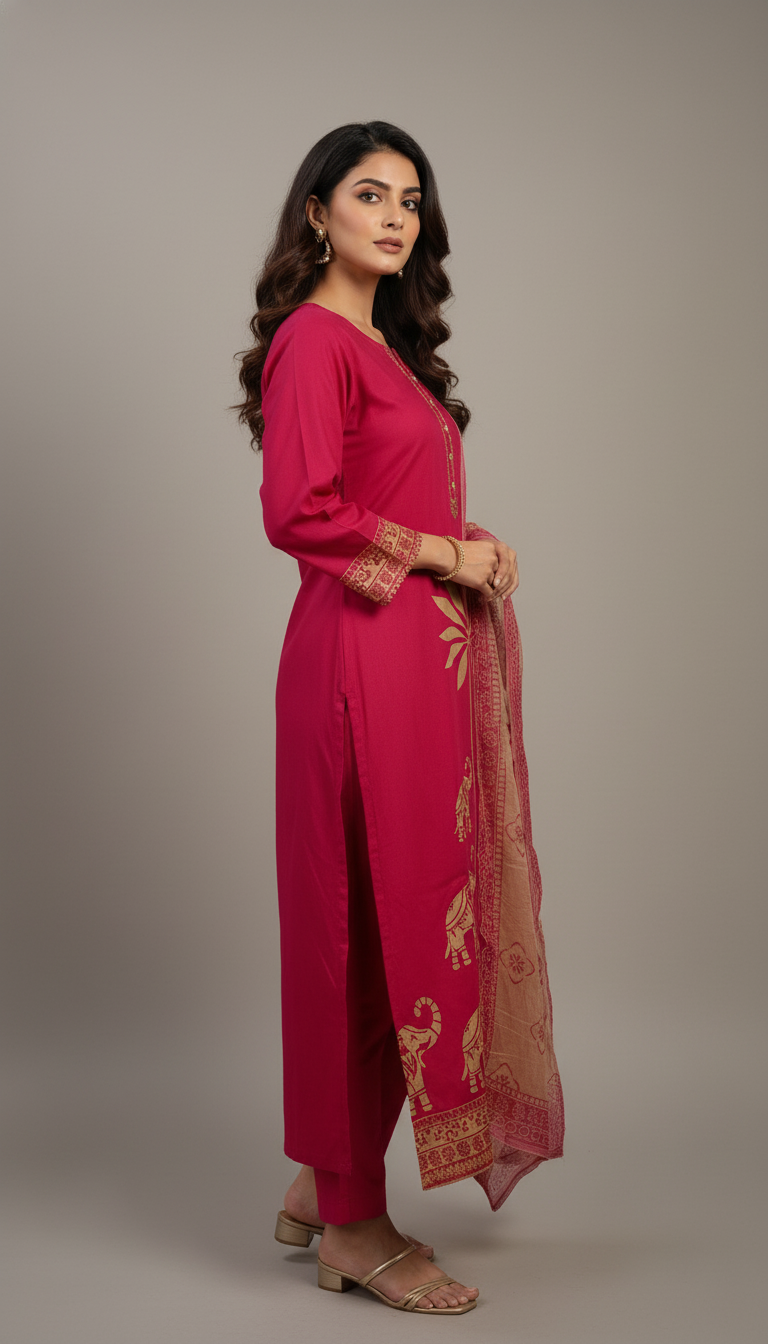 TRADITIONAL PRINT ON BORDER WITH MIRROR DETAILING - MAGENTA
