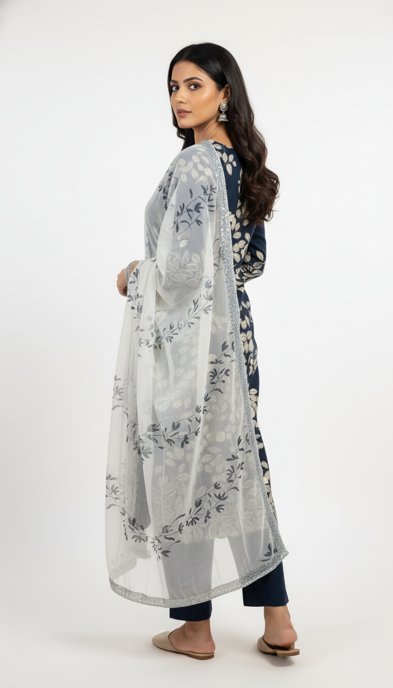 ALL OVER PRINTED LEAF SCALLOPED HEM - NAVY