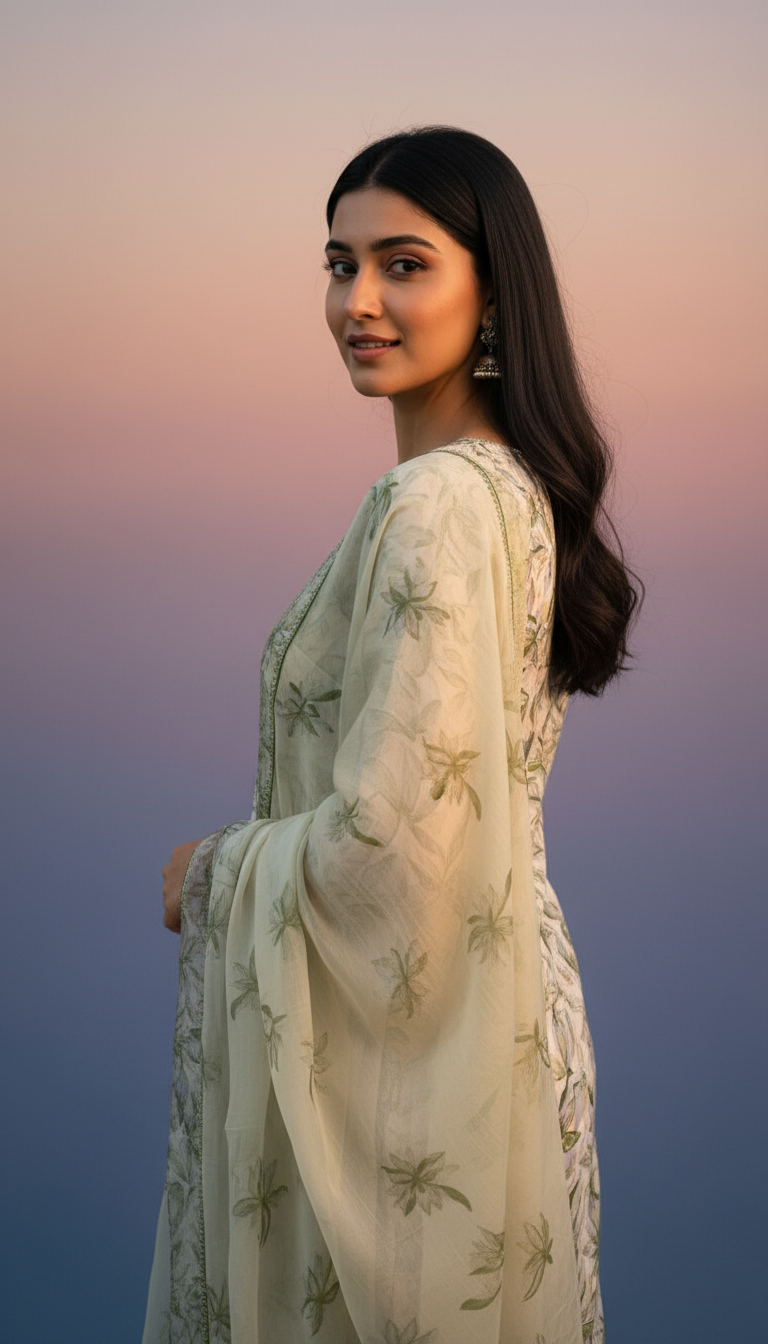 GOL GALA AOP PRINTED WITH NECK DETAILING - GREEN